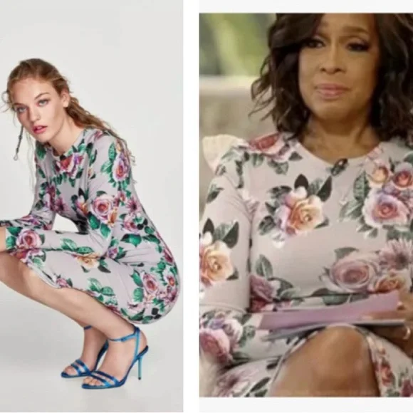 Zara NEW Floral Stretch Pencil Bodycon Fitted Midi Dress Boho Crew Long Sleeve M - Picture 4 of 16